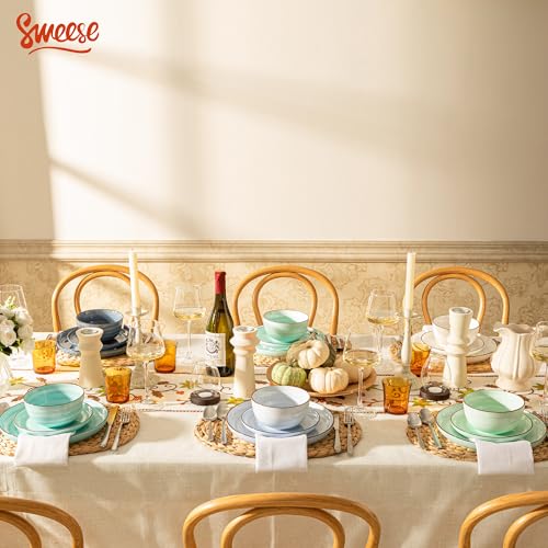 Image of Sweese Plates and Bowls Sets, 18 Piece Dinnerware Set Porcelain Round Dinner Set for 6, Scratch Resistant Dishes Set, Dishwasher and Oven Microwave Safe Handpainted Swirl Dishware Sets, Assorted Blue