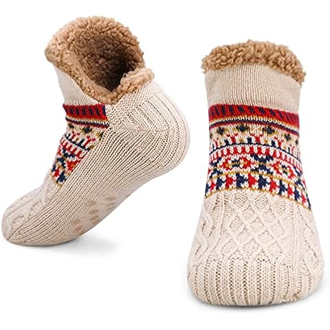 Slipper Fluffy Socks for Women Men, Non Slip Knitted Thick Fleece Lined Warm Cosy Fuzzy Bed Slippers Socks for Unisex in Home Bed Floor(One Size Khaki) Cover