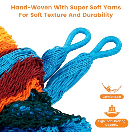 Image of Lazy Daze Hammocks Handwoven XL Mayan Hammock, 10.5 FT Soft Rope Double Hammocks, Portable Outdoor Hammock with Carry Bag, 2 Straps & Carabiners for Patio Outside, 550 lbs Weight Capacity, Rainbow