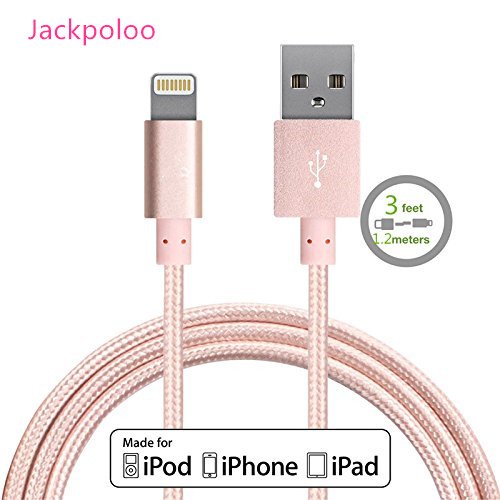 Lightning USB Cable 3ft 1.2m Extra Long Cord Charging for Iphone 6s 6s+ 6plus 6, 5s 5c 5,ipad Air Mini Min2, Ipad 4,ipod 5,ipod 7, Ios9. With Aluminum Connector, Braided Cable Rose Gold