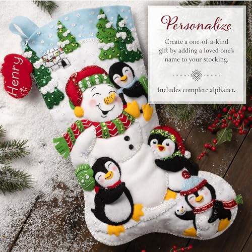 Image of Bucilla Felt Applique 18 inch Stocking Making Kit, Snowy Snuggles, Perfect for Holiday DIY Arts and Crafts, 89707E