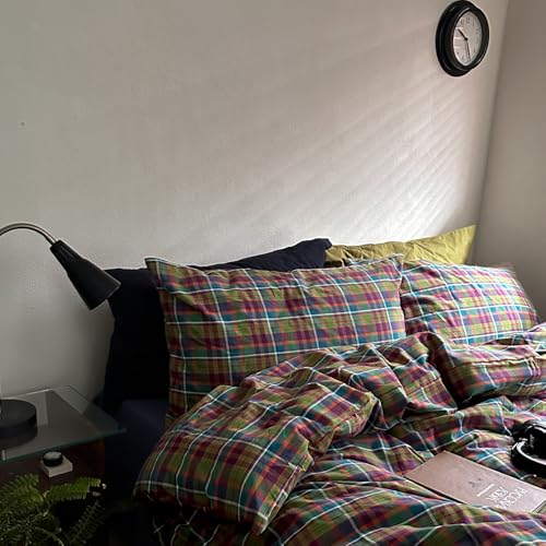 Image of MKXI Buffalo Plaid Duvet Cover Set 3 Piece Vintage Bedding in Kelly Green, Navy & Red | 100% Washed Cotton Reversible Design with Zipper Closure & Corner Ties,Shabby Chic Aesthetic for Queen