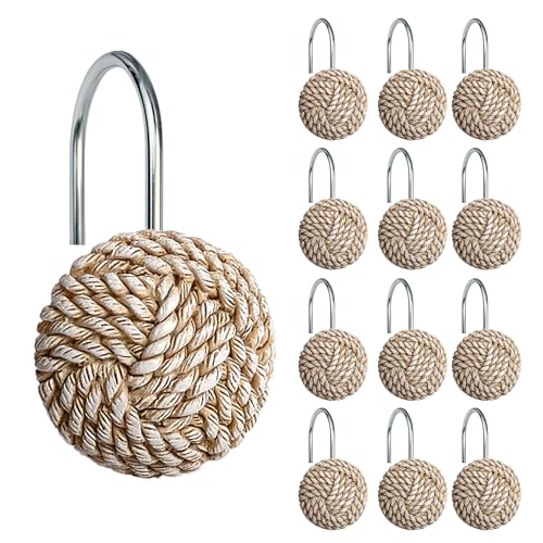 Sunlit Boho Knots Shower Curtain Hooks, Home Decorative Shower Curtain Rings for Bathroom, Seaside Nautical Shower Curtain Hangers Bathroom Accessories, Set of 12
