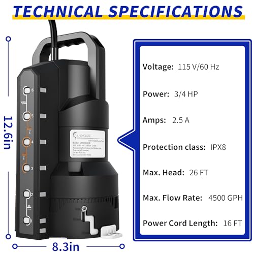 Image of LANCHEZ Sump Pump with 6 Modes, Clean /Dirty Submersible Water Pump, Automatic Thermoplastic Water Removal Transfer Pump with 16FT Cord for Pools Basement Garden Pond, Medium
