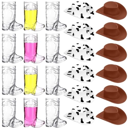 Haishell 24 Pcs 1oz Cowboy Boot Shot Glasses Plastic Cowgirl Shot Glass Cups Cute Western Hat Mini Beer Mugs for Birthday Cowboy Bachelorette Themed Party Supplies Wedding Decorations