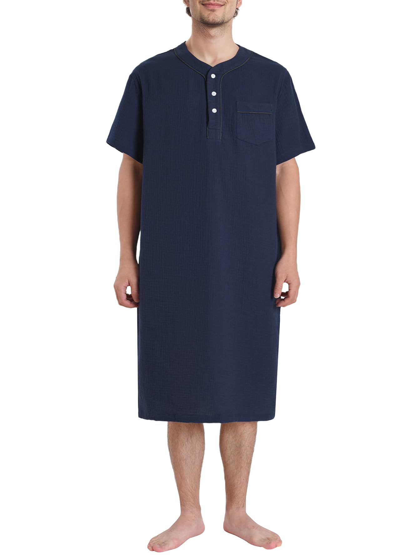 Latuza Men's Cotton Gauze Nightshirt Short Sleeve Nightgown Henley Sleep Shirt