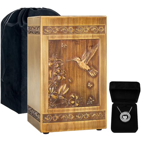 Wooden Urn for Ashes Adult Male Female Handcrafted Large Cremation Urns Box for Human Ashes Adult Man Woman Memorial Decorative Funeral Urn with Hummingbird Carvings with Velvet Bag & Necklace