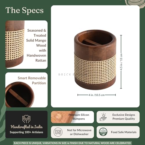 Image of Brick Brown Premium Wooden Tresso Cutlery Holder Spoon Stand for Kitchen,for Dining Table,Wooden Caddy Storage Organizer Stand with Removable Section Caddy Holder (4x4x4.5 inch) 10.2 x 10.2 x 11.9 cm
