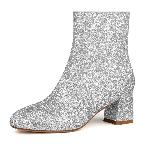 MISSMILLER Women's Glitter Ankle Boots Sequin Sparkly Booties Block Heel Side Zip Zipper Wedding Party Dress Shoes