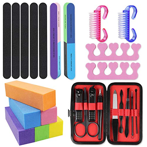 Professional Manicure Tool Set and Buffer Tool Set, 9 In 1 Stainless Steel Nail Kit Pedicure Kit Nail Clippers Double Side Nail Files Dust Brush Polishing Block Sponge File Sponge Separators (26PCS)