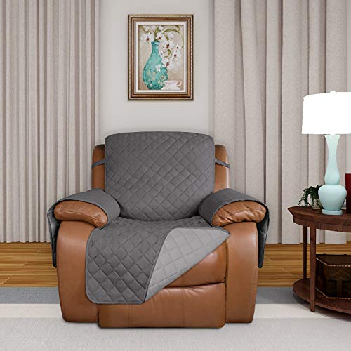 Image of PureFit Reversible Quilted Sofa Cover, Water Resistant Slipcover Furniture Protector, Washable Couch Cover with Non Slip and Elastic Straps for Kids, Dogs, Pets (Oversized Recliner, Gray /Light Gray)