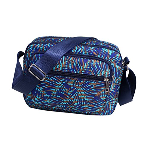 Yuanu Femme Mode Casual Sac Épaule Bandoulière, Léger Résistant À L'Usure Transversal Carré Zipper Sac Bleu & Willow Feuilles 25 * 6 * 18cm