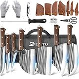Dfito Butcher Knife Set with Roll Bag, 14 in 1 Professional Chef Knife Set, Hand Forged Chopping & Meat Cleaver & Viking Knives, High Carbon Stainless Steel Kitchen Knife Set for Kitchen Camping BBQ
