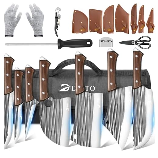 Dfito Butcher Knife Set with Roll Bag, 14 in 1 Professional Chef Knife Set, Hand Forged Chopping & Meat Cleaver & Viking Knives, High Carbon Stainless Steel Kitchen Knife Set for Kitchen Camping BBQ