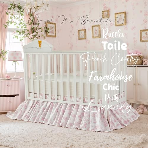 Image of Brandream French Country Toile Cotton Crib Skirt Toddler Bedskirt Dust Ruffle Baby Nursery Crib Bed Skirt Boho Bohemian Vintage Pink Floral Print Farmhouse Chic Ruffles Skirt