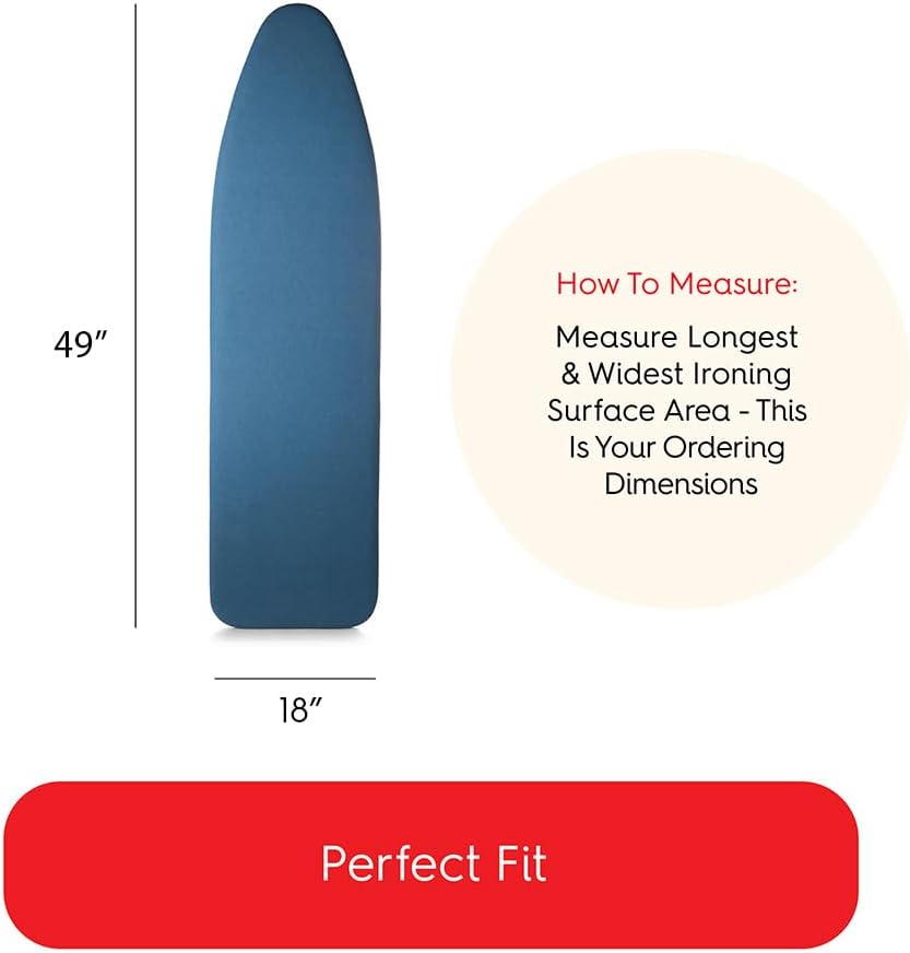 TIVIT Ironing Board Cover 18 x 49, Performance Grade Titanium Coated Pro Grip Pad & Covers - Superior Scorch & Stain Resistance, High Heat Reflection, 3 Padded Layers 3 Fastener Straps - Made In Italy
