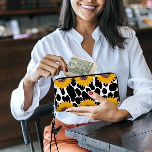Image of Women's Wallets,Credit Card Holder Money Leather Long Wallet with Wristlet,Large Capacity with Zip-Around Phone Purse for Women Ladies Girls,Cow Print Sunflowers