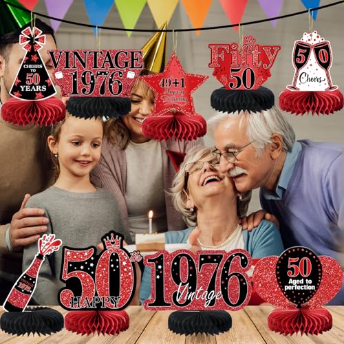 Image of 9Pcs 50th Birthday Decorations Red and Black 50th Birthday Party Decorations for Women,Happy 50 Years Vintage 1976 Aged Honeycomb Centerpieces Table Sign Decor Supplies