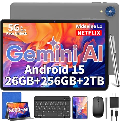 Relndoo 2026 Android 15 Tablet, 10 inch Tablet with Keyboard, 26GB+256GB+2TB Expand, 2-in-1 Tablets with 8-Core, 5G WiFi, 8000mAh, BT5.0, GMS, GPS, Gemini AI, Tablets PC with Mouse, Case, Stylus(Blue)