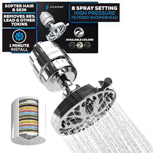 SparkPod 8 Spray Setting Filtered Showerhead - Water Filter Suitable for People with Dry Hair, Skin & Scalp, 5" Shower Head with Enhanced Formula Filter Helps to Remove Chlorine (Chrome) SparkPod 8 Spray Setting Filtered Showerhead - Water Filter Suitable for People with Dry Hair, Skin & Scalp, 5" Shower Head with Enhanced Formula Filter Helps to Remove Chlorine (Chrome)