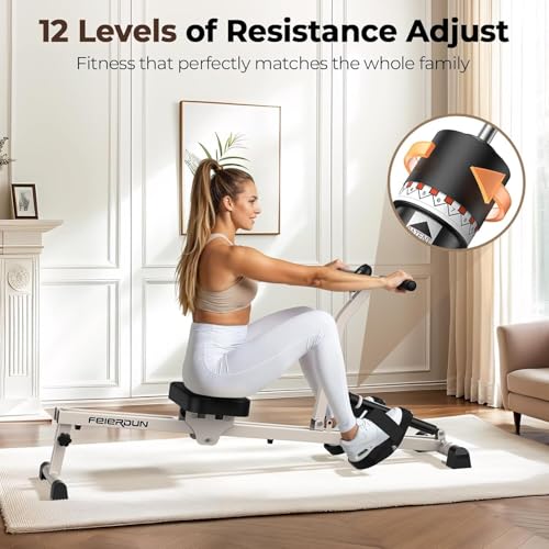 FEIERDUN Compact Adjustable Rowing Machine for Home, Foldable Hydraulic Rower with 12 Resistance Levels, 300LBS Capacity, Full Body Workout Equipment