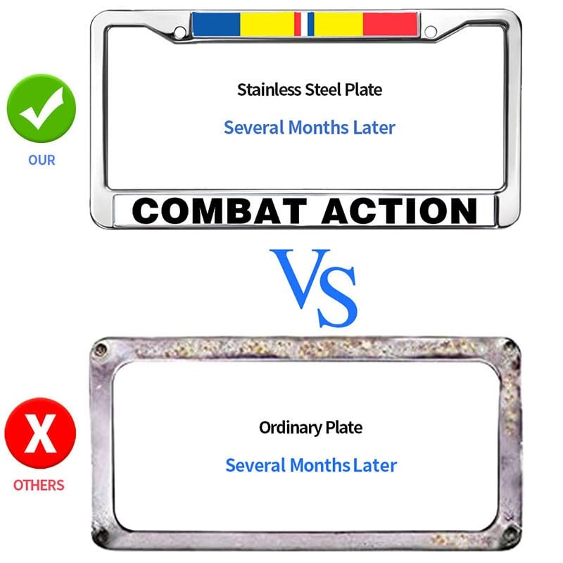 Image of Combat Action License Plate Frame Metal Veteran Car Tag Holder 2 Holes | Combat Action Ribbon License Plate Frame Metal Car Tag Holder Weatherproof Fit Standard US Auto Trucks Accessories
