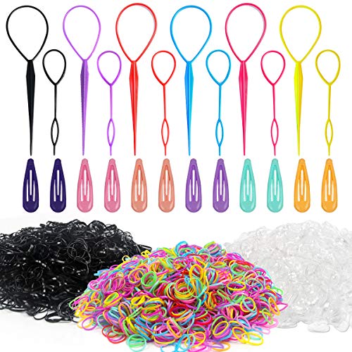 Ahier 6 Pairs Topsy Tail Hair Tool, 5000pcs Elastic hair bands, 12pack Hair clips Hair, Hair Braid Styling Accessories