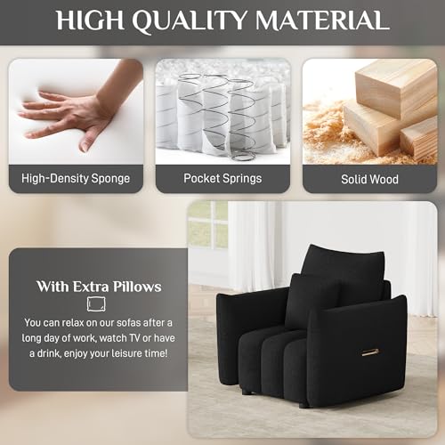 Image of OUYESSIR 38 inch Modern Accent Single Sofa Chair, Comfy Deep Seat Teddy Living Room Chair, Leisure Boucle Reading Sofa Arm Chair for Bedroom, Office, Apartment, Black
