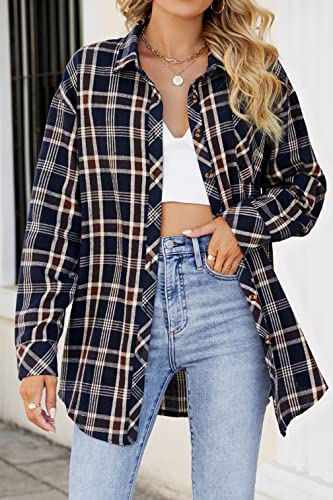 Image of CHYRII Womens Button Down Flannel Shirts Long Sleeve Plaid Shackets Business Casual Blouse Top