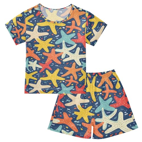 ALAZA Colorful Starfish Blue Cartoon Pajamas Set Short Sleeve Cotton Sleepwear Summer Pjs 2 Piece 5-14Y