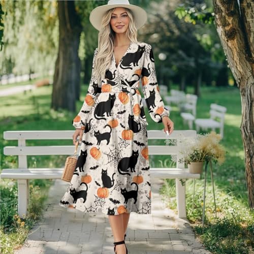 Women's Long Sleeve Halloween Dress V Neck High Tie Waisted A-Line Midi Swing Dress Ruffled Knit Satin Dresses3