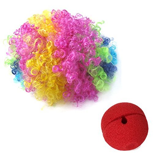 Uinfhyknd Nez de Clown Rouge en Mousse + Multi-Couleur Perruque de Clown pour Masquerade Deguisement Cosplay
