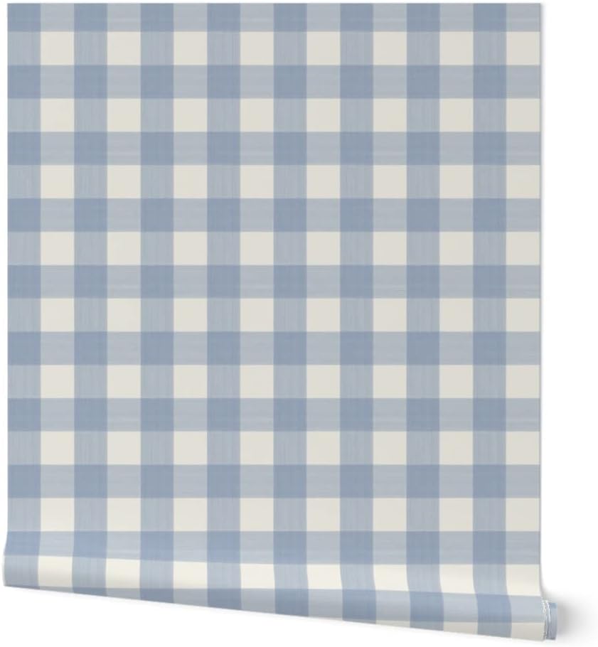 Spoonflower Peel & Stick Wallpaper 3ft x 2ft - Buffalo Plaid Soft Blue Cream Gingham Check Custom Removable Wallpaper