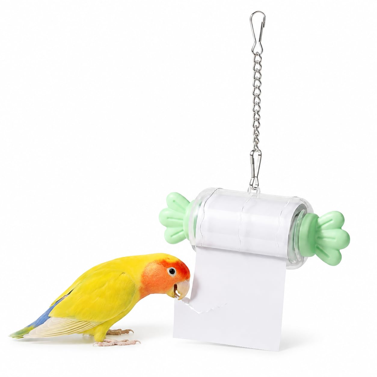 Bird Shredding Toy for Parakeets, Parrot Foraging Paper Roll Toy with Hanging Chain Refillable Bird Cage Enrichment Chewing Toy for Cockatiel Budgie Conure (Green)
