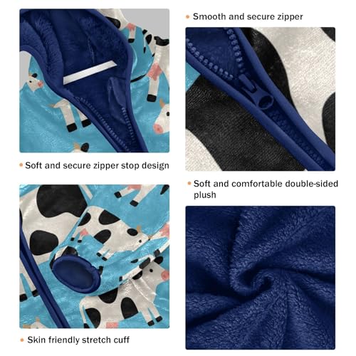 Cow Print on Blue Background Toddler Fleece Jacket Girl Boys Hooded Fleece Jacket Coat Warm Outwear Zip-up 3-10T3