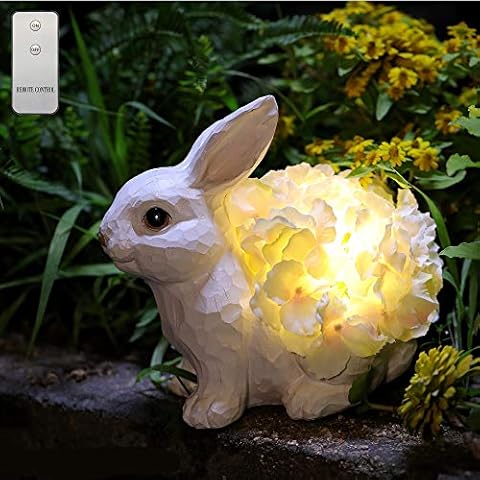 HDNICEZM Garden Statue Cute Rabbit Figurine with Flower Lights Warm White LED -Battery Powered Rabbit Statue Night Light Home Garden for Backyard Pathway Yard Patio Cover