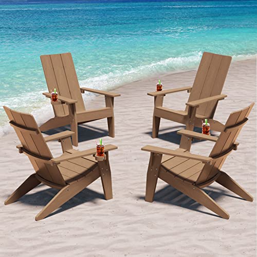 Mximu FCH1310X4 Modern Adirondack Chairs Set Of 4 Weather Resistant With Cup Holder Oversize Plastic Fire Pit Chairs Plastic Outdoor Chairs For Firepit Area Seating (Teak)… cover