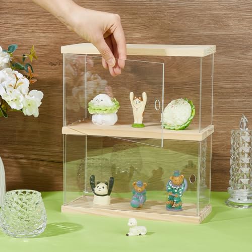 SUPERFINDINGS 2 Tier Acrylic Display Case with Wood Base Organizer Box for Collectibles Clear Wood Showcase Storage Box for Models Building Blocks Display Holder - Image 3