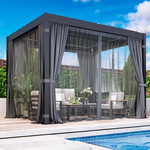 10' x 12' Louvered Pergola, Outdoor Pergola with Curtains & Netting, Metal Patio Pergola with Adjustable Louvers Roof and Gutter System, Metal Hardtop Gazebo for Patio, Deck, Garden, Yard, Dark Gray