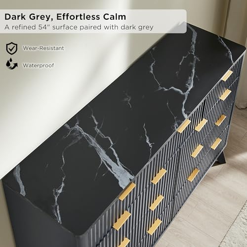 Image of T4TREAM Fluted 9 Drawers Dresser, 54 inch Wide Modern Chest of Drawers with Faux Marble Top, Curved Profile Design, Dresser TV Stand, Wood Drawer Organizer for Bedroom, Living Room, Hallway, Dark Grey