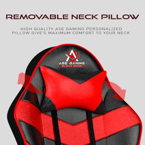 ASE GAMING Infinity Series Ergonomic Gaming Chair Premium PU Leather, Adjustable Neck & Lumbar Pillow, 180 Degree Recline with Black Metal Base (Red) - Image 3