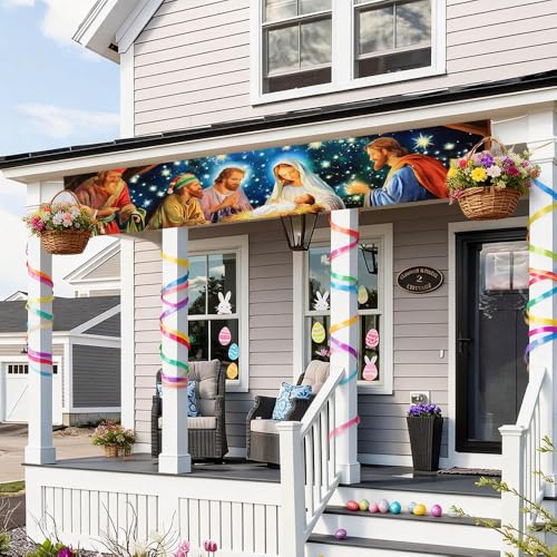 Image of Christmas Starry Night Outdoor Banner 78.7 x 17.7 Inch Peaceful Glow Sky with Warm Lights and Festive Stars Elegant Holiday Backdrop for Yard Porch Garden Fence or Home Decoration