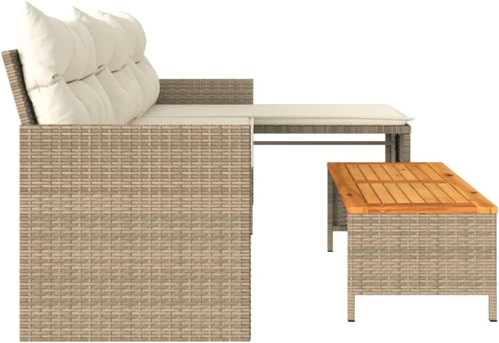 Patio Sofa with Table and Cushions L-Shaped Beige Poly Rattan Lawn Furniture