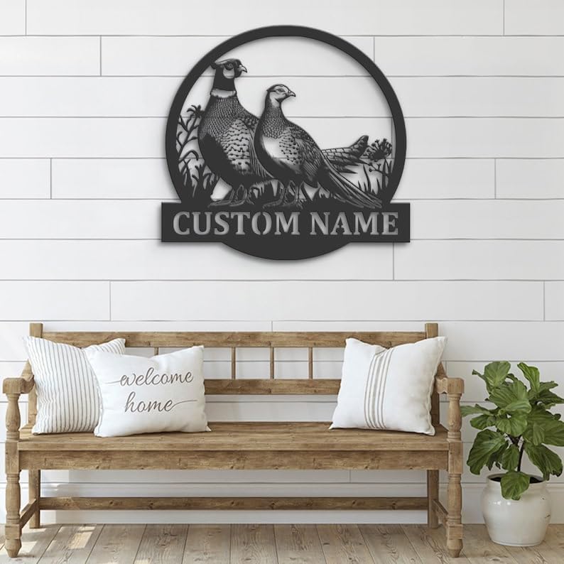 Custom Couple Pheasant Metal Wall Art Personalized Pheasant Hunter Name Sign Home Decor Hunting Cabin Farm Decoration Valentine Birthday Aniversary Wedding Gifts (Style 38)
