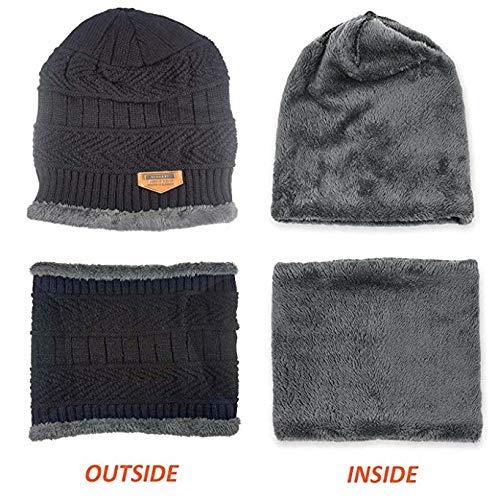 V3E Ultra Soft Unisex Woolen Beanie Cap Plus Neck Scarf Set for Men Women Girl Boy - Warm, Snow Proof - 20 Degree Temperature (Black, Freesize) 1