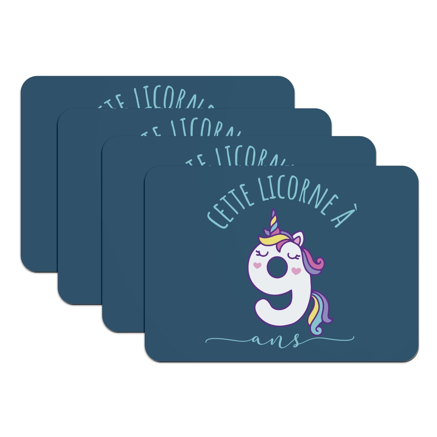 Set de table licorne 9 ans bleu en caoutchouc grand format x4