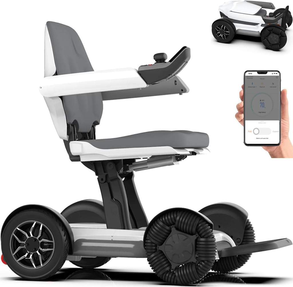 PLUS SANTE - Viaggiare, sedia a rotelle elettrica auto-pieghevole, autonomia 25 km, controllo intelligente e applicazione mobile, comfort premium, interno/esterno