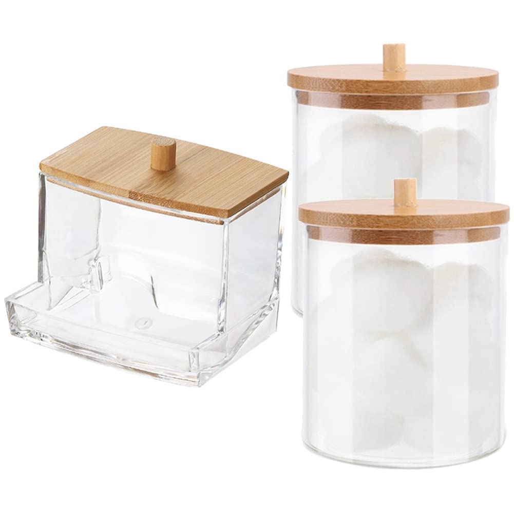 CTRLZS Cotton Swab Storage Box Cotton Ball/Swab Dispenser with Bamboo Lid Bathroom Container