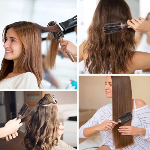 Image of Round Brush Boar Bristle Wooden Round Hair Brush for Women Blow Drying Handle Anti Static Hairbrush for Hair Styling, Drying, Curling