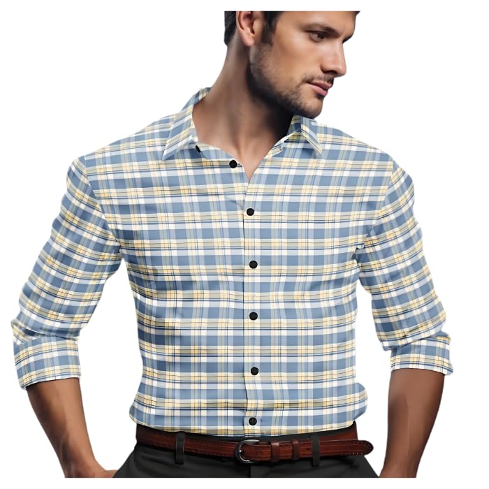 Cotton Unstitched Shirt Fabric for Men, Blue and Yellow Plaid Checked Pattern -1.60m-image-3